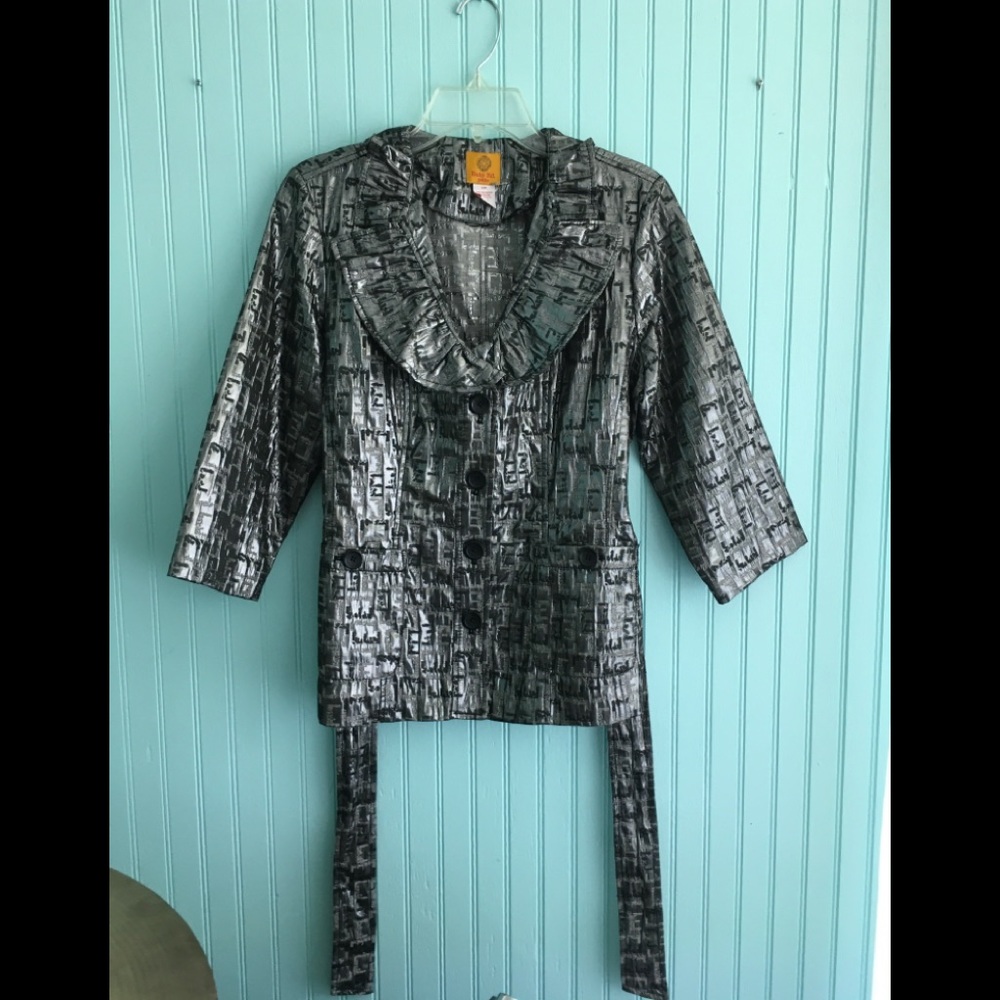 Ruby Red Petite size 12P button up jacket with sash pewter metallic and black